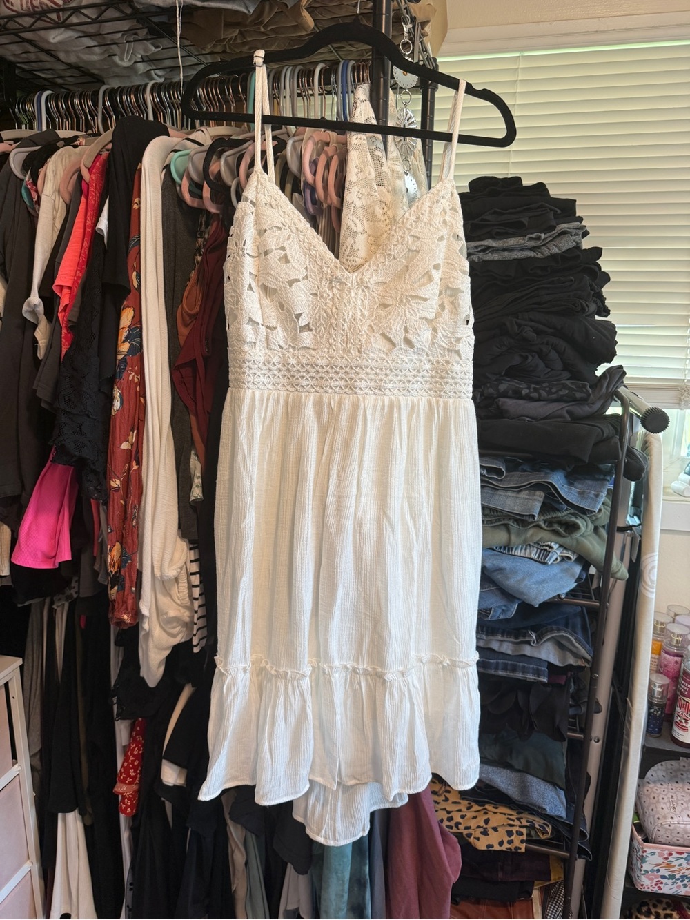 White Lace Bodice Mini Dress with Spaghetti Straps